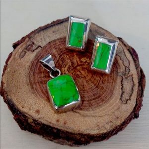 Vintage Sterling Silver Green Turquoise Pendant & Earrings Set  Mexico 925